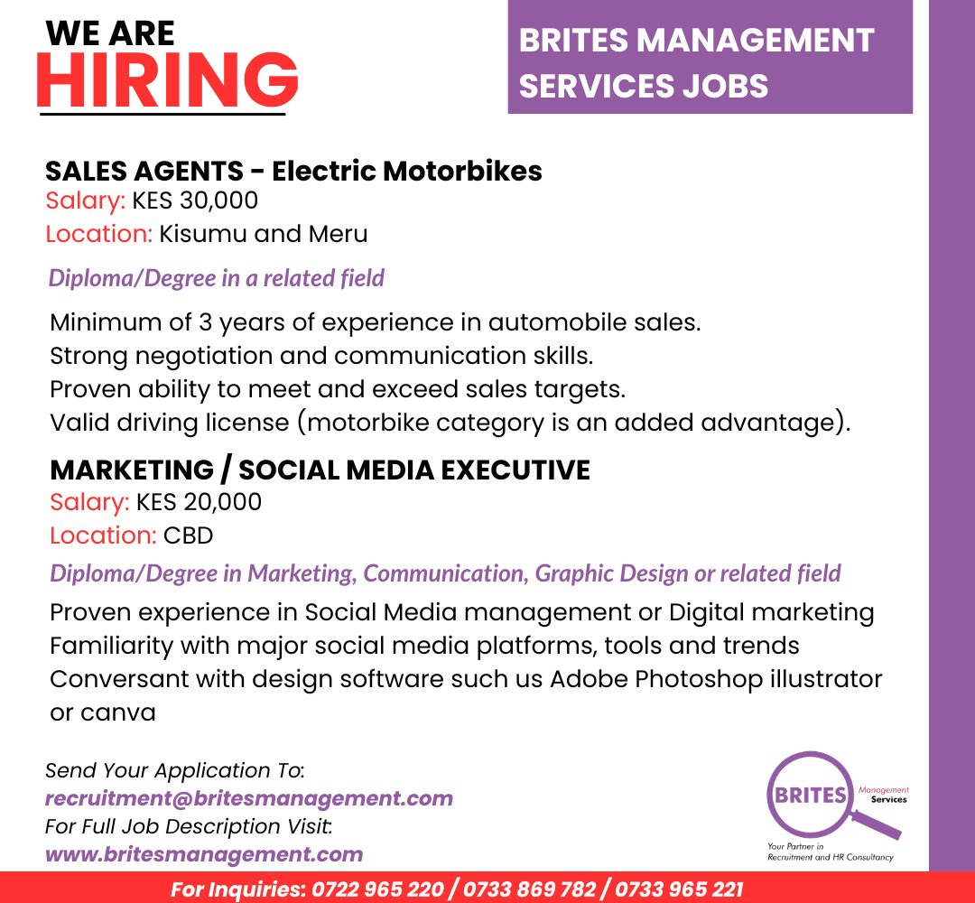 Brites_Services's tweet image. WE ARE HIRING:
To Apply: Send your application to recruitment@britesmanagement.com
For full job description, visit our job listing page on our website britesmanagement.com
#jobs #jobvacancy #jobseekers #jobskenya