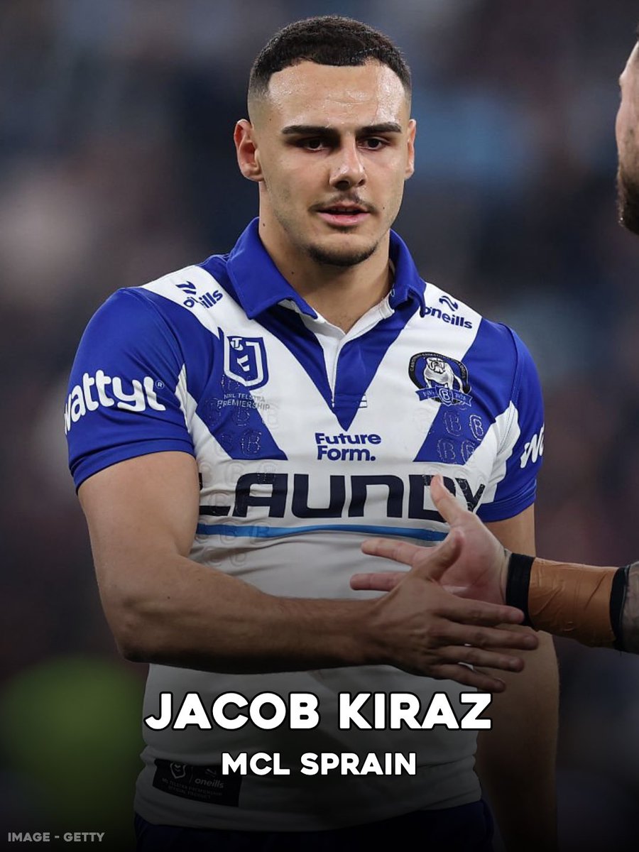 nrlphysio's tweet image. Bulldogs indicate Jacob Kiraz has a grade 2 MCL sprain (partial ligament tear) - he is expected to return to play 4-6 weeks from when he suffered the injury in Round 7.

Would put his expected return range at Round 11-13.