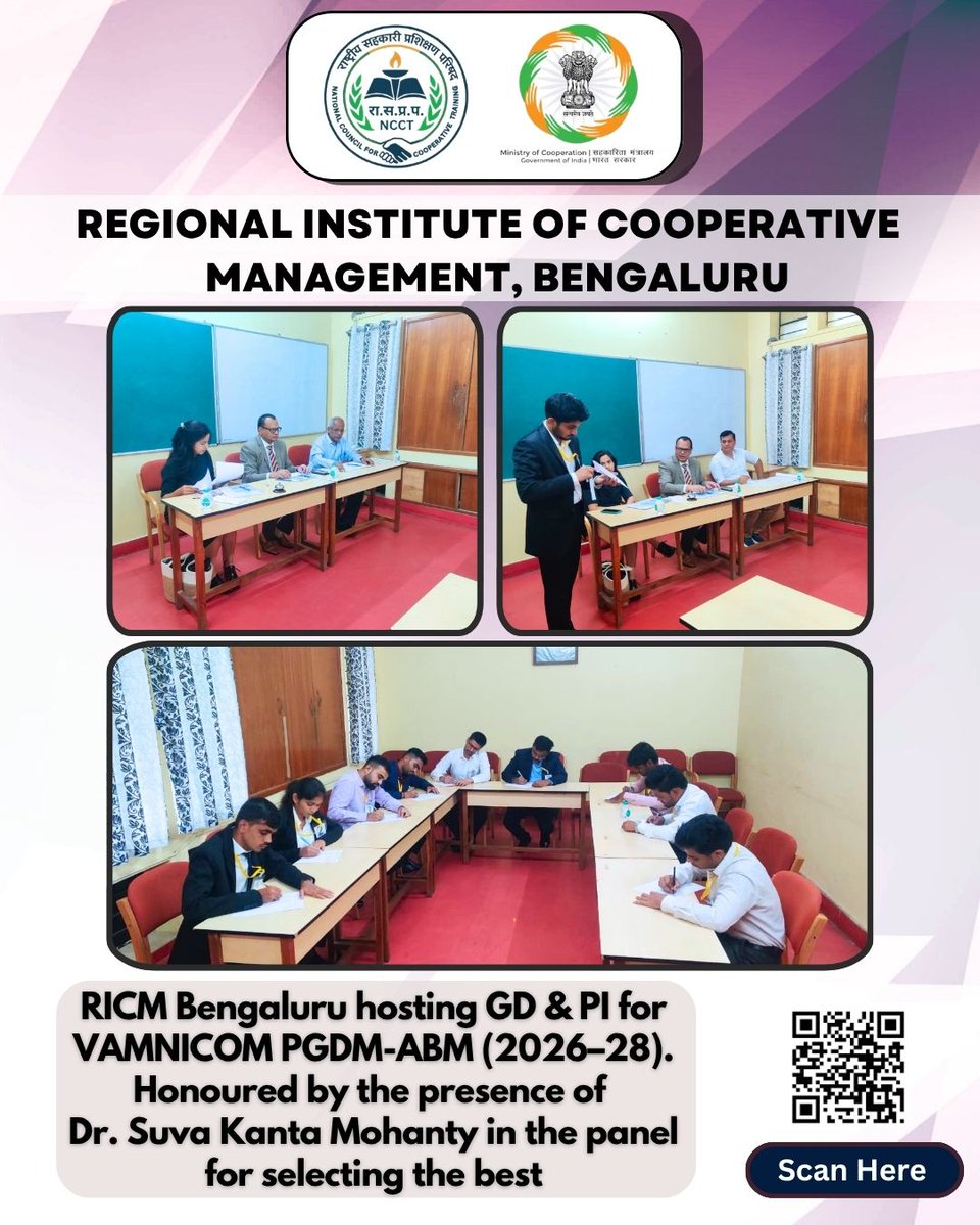 BangaloreR46958's tweet image. RICM Bengaluru hosted GD &amp;amp; PI for VAMNICOM PGDM-ABM (2026–28), with an esteemed panel including Dr. Suva Kanta Mohanty, ensuring selection of the finest talent.#ricmbengaluru #IYC2025 #NCCT #minofcooperation #AmitShah #SahakarSeSamriddhi #ICM  #VAMNICOM #PGDMABM #GDPI