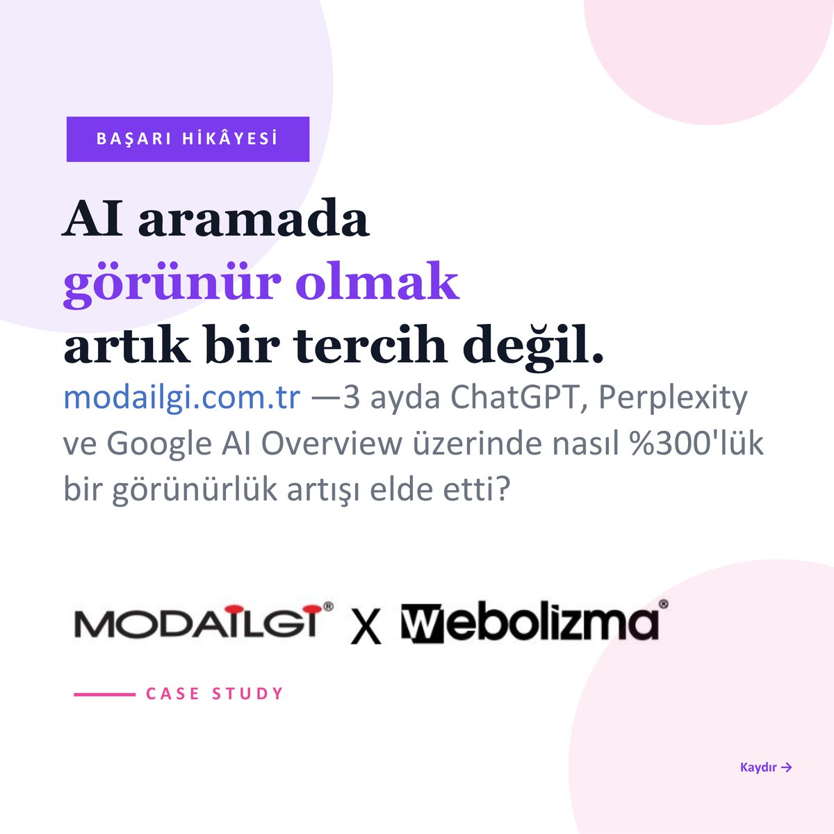 webolizma's tweet photo. Webolizma olarak tüm markalarımız için odağımız, görünürlüğü yalnızca arama motorlarıyla sınırlamak değil; markaları AI tarafından üretilen cevaplarda da güçlü biçimde konumlandırmaktır. https://t.co/iZUu7yZI8H