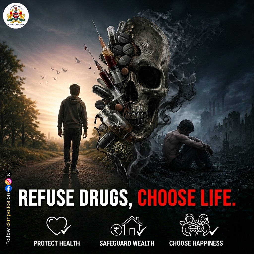 ckmpolice's tweet image. Your life is worth more than a temporary high. Choose health, choose family, and choose your future. Say no to drugs! 🚫💊
#SayNoToDrugs #ChooseLife #HealthyLiving #DrugFreeKarnataka
@DgpKarnataka @Rangepol_WR @KarnatakaCops