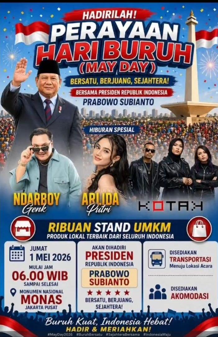 kafiradikalis's tweet image. ...Sekadar Informasi:

May Day 2026, mayoritas serikat buruh akan merayakan May Day bersama Prabowo.

Dengan demikian 99,99% Prabowo akan terpilih kembali sbg presiden RI di 2029.

Hanya segelintir serikat buruh aja yg tidak akan bergabung di event May Day bersama Prabowo. (``,)