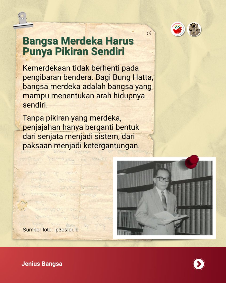 JeniusBangsa's tweet photo. Warisan Bung Hatta bagi kita semua, KEMANDIRIAN BERPIKR.

Saat kita menyebut diri "bangsa merdeka", sudah selayaknya kita memiliki kemandirian dalam pola pikir, sikap dan perilaku sesuai jati diri Indonesia. https://t.co/uSfqPHhhAD