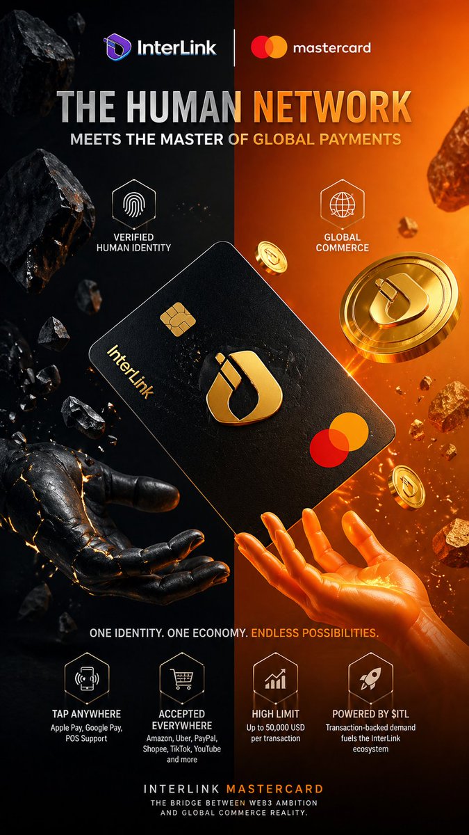 juragan_tanah's tweet photo. ⚫🟠 Two worlds. One future.

InterLink x Mastercard bridges verified human identity with real global payments. From Web3 to everyday commerce—fast, seamless, borderless.

The Human Network has entered the real economy. 🚀🌍

#InterLink #ITLG #ITL https://t.co/32Dng3KgWh