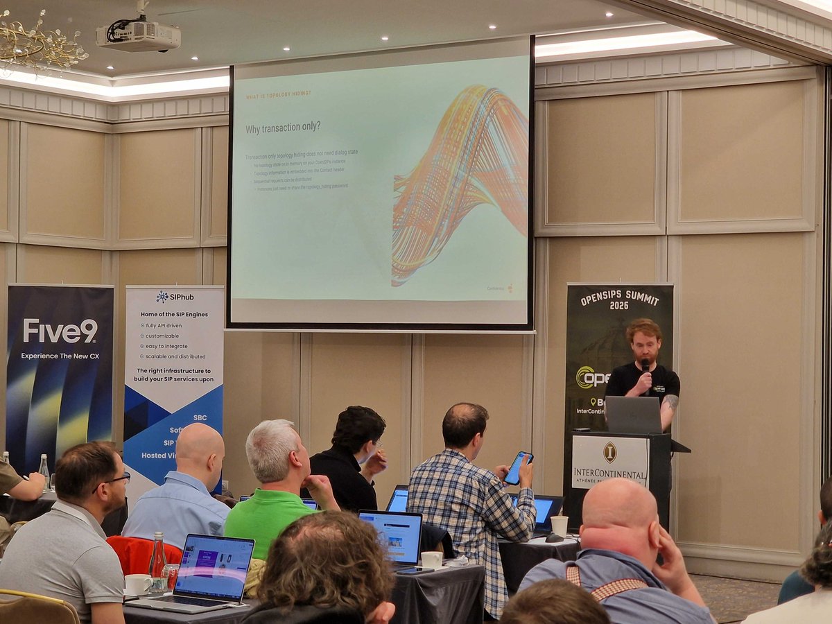 opensips's tweet image. #OpenSIPSSummit 2026, Day #2
David Trihy @ @Genesys 
Transaction only one way topology hiding  
#sip #rtc #voip #telecom #opensource