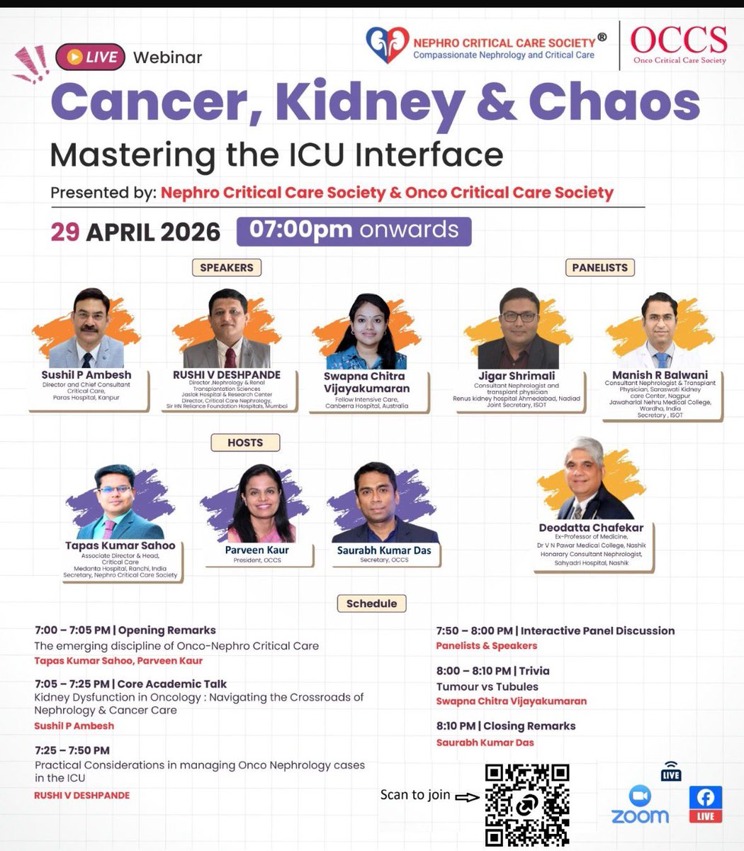 nephrocc's tweet photo. 🚨 Today’s the Day! 🚨

Join the first-ever Cross-Talk Domain Discussion 🤝

🧠 Cancer, Kidney &amp; Chaos – ICU Interface
🕖 Today | 7 PM
🔗 Register: https://t.co/CzDc4OCOBv
✨ Learn. Discuss. Grow. https://t.co/Id7byzZRRx