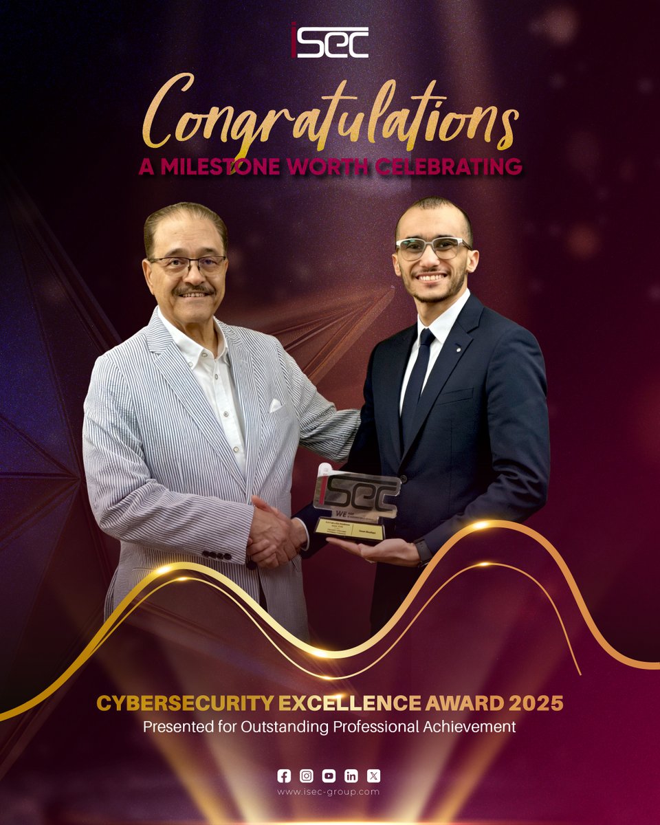 iSec_eg's tweet image. We proudly congratulate Eng. Omar Shabaan on receiving the Cybersecurity Excellence Award 2025 🏆

A well-deserved recognition, and many more successes ahead

#Cybersecurity #Excellence #Achievement #Award2025 #Success #iSec