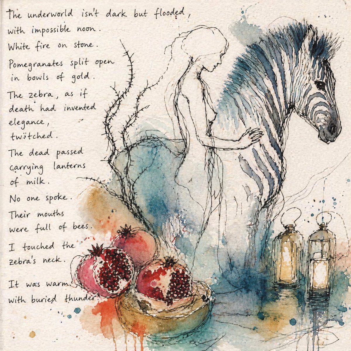 Quillshadow's tweet photo. The underworld isn't dark but flooded.

A journal-style meditation about a zebra and pomegranates.

I like the thought that the underworld might be luminous rather than ruined.

#poetry #watercolor #surrealart #myth  #writingcommunity #AIart https://t.co/55HIQfoKsz