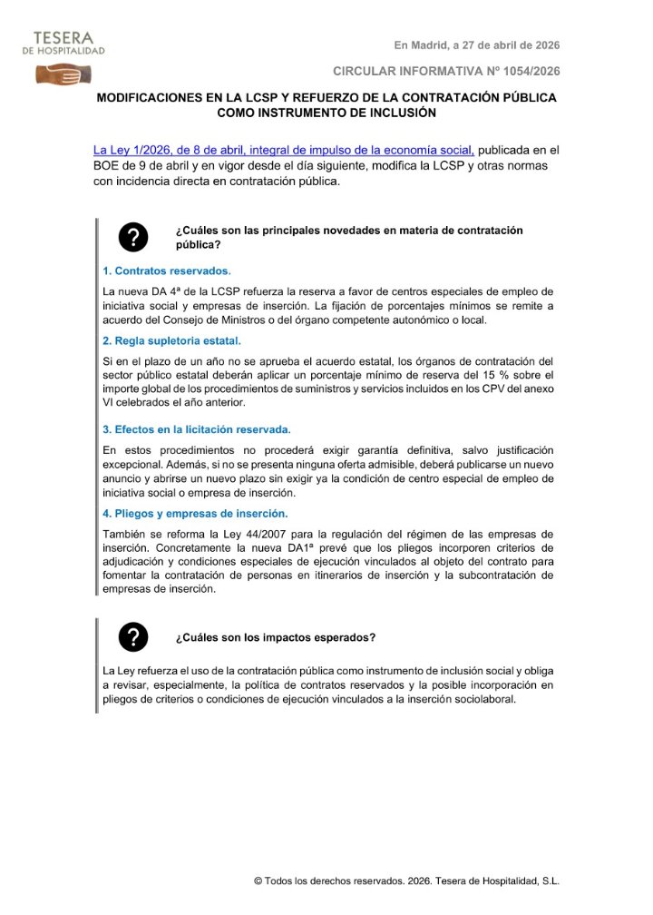 MODIFICACIONES EN LA LCSP Y REFUERZO DE LA CONTRATACIÓN PÚBLICA COMO INSTRUMENTO DE INCLUSIÓN. <a href="/TeseradH/">TeseradeHospitalidad</a> 
#TeseraDeHospitalidad  #contratacionpublicasanitaria