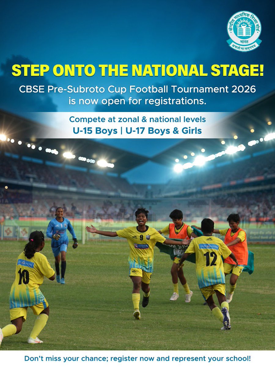 cbseindia29's tweet image. That winning run. That team huddle. That moment.
Ready to feel it for real?

Register your team for CBSE Pre-Subroto Cup 2026 and take your game beyond the classroom.

#CBSEGames #SubrotoCup2026 #GameTime #IndianFootball #YouthSports #RegisterNow