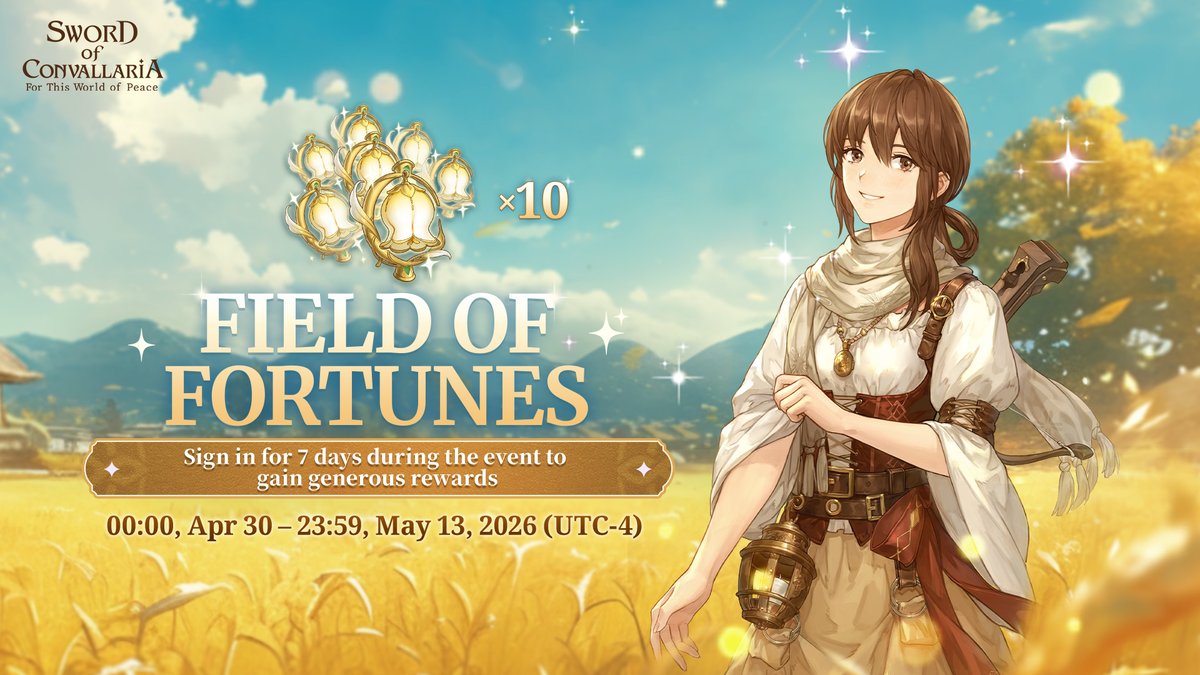 SwordofConva's tweet photo. Dear Voyager,

The "Field of Fortunes" limited-time check-in event starts soon!

⏰ Event Duration
00:00, Apr 30, 2026 – 23:59, May 13, 2026 (UTC-4)

Accumulate 7 check-ins during the event period to receive generous rewards, including 10 Secret Fates and more! https://t.co/nwGhaLho3k