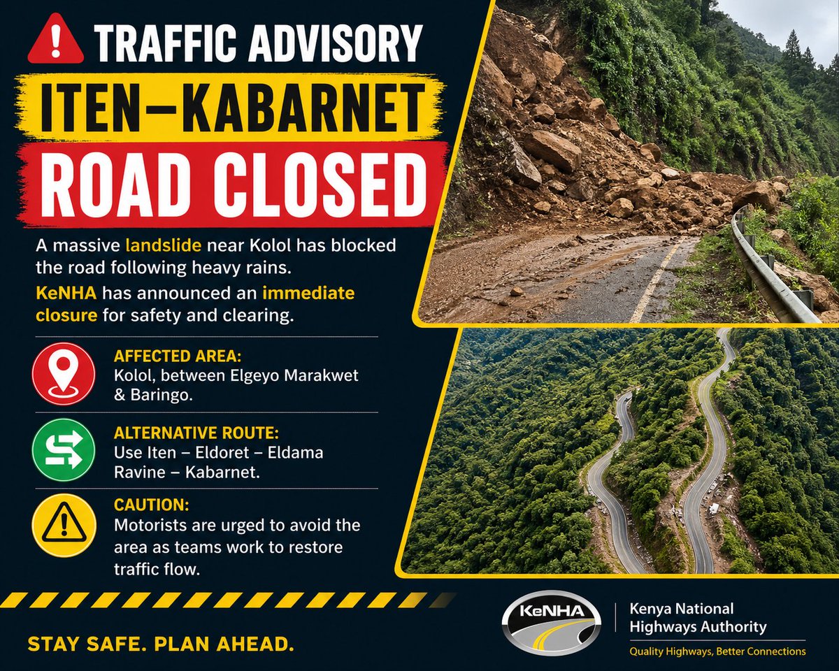 _KE_Tee's tweet photo. 🚨 TRAFFIC ADVISORY: ITEN–KABARNET ROAD CLOSED 🚨A massive landslide near Kolol has blocked the road following heavy rains. KeNHA has announced an immediate closure for safety and clearing.
📍 Affected Area: Kolol, between Elgeyo Marakwet & Baringo.
🔄 Alternative Route: Use Iten – Eldoret – Eldama Ravine – Kabarnet.
⚠️ Caution: Motorists are urged to avoid the area as teams work to restore traffic flow.
#Iten #Kabarnet #KeNHA #RoadAlertKenya #Landslide