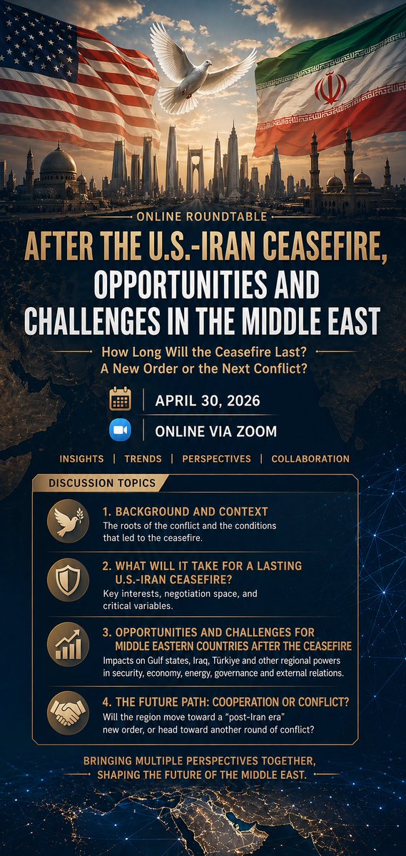 TangLydia11219's tweet image. What’s Next for the Middle East After the US-Iran Ceasefire? 
After the  war, the ceasefire holds—but uncertainty is high.
 Let’s unpack it together at our online roundtable on April 30, 2026.
DM me or comment below if you want to join! #USIranRelations 
#MiddleEastSecurity