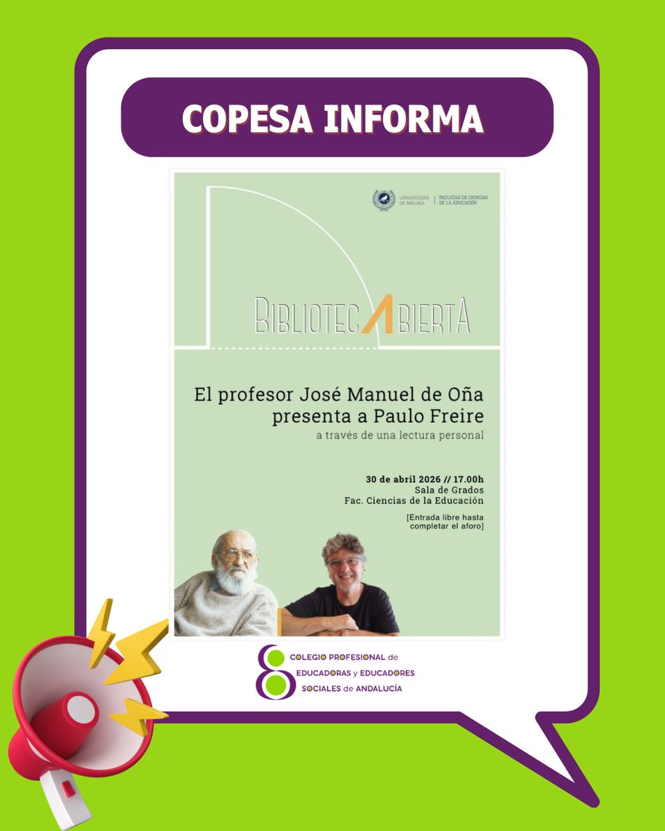 Copesaeduso's tweet photo. Nuestro compañero José Manuel de Oña, presenta mañana, jueves 30 de abril, en el espacio Biblioteca Abierta a Paulo Freire a través de una lectura personal. Será a las 17 horas en la Sala de Grados con entrada libre hasta completar aforo.
#educacionsocial #pensamiento #copesa https://t.co/kUuRI3Hczm
