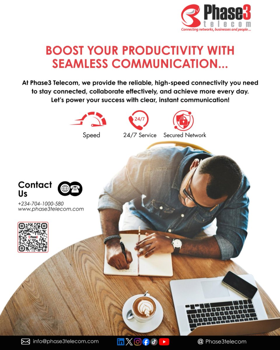Phase3telecom's tweet photo. Reliable, high-speed communication is not a luxury. It is the backbone of how teams work, respond, and grow. With Phase3 Telecom, your network keeps pace with your ambition, whether you are closing deals, managing operations, or collaborating across locations.

Fast connectivity. 24/7 support. A network you can trust.

Take the next step.

Call +234-704-1000-580 or visit https://t.co/bLM9HPYcoU⁠ to get started today.

#Phase3Telecom #Connectivity #BusinessGrowth #HighSpeedInternet #DigitalInfrastructure #StayConnected #TechNigeria #EnterpriseSolutions #SecureNetwork #24x7Support