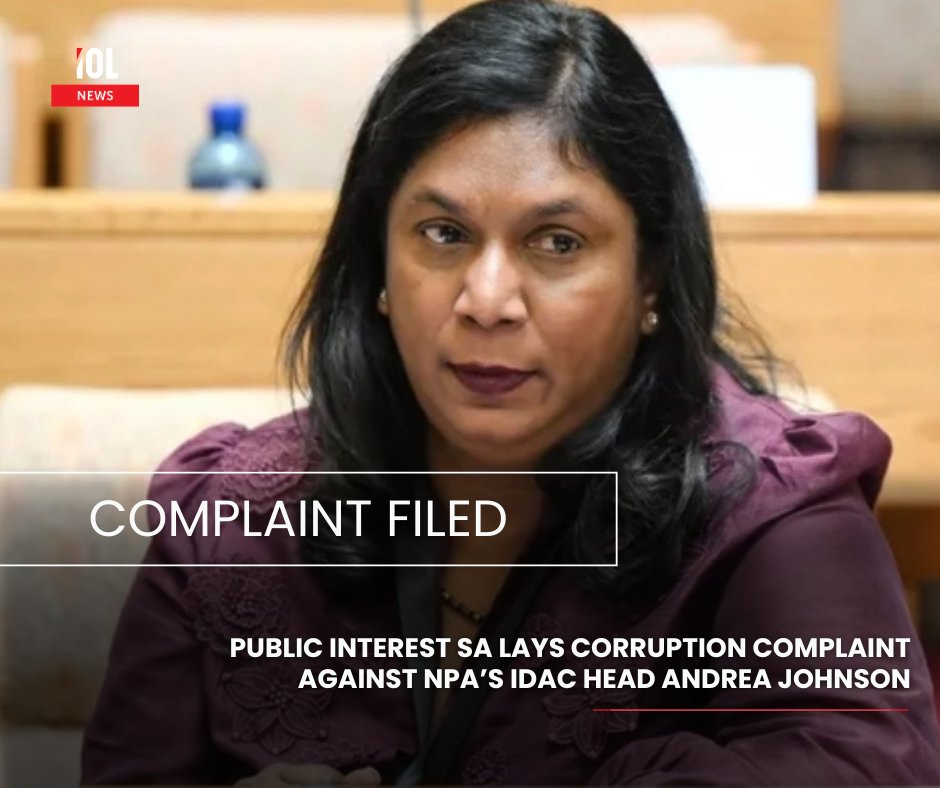 IOL's tweet image. Public Interest SA has confirmed that it has formally registered a criminal complaint against Advocate Andrea Johnson, head of the Investigating Directorate Against Corruption (IDAC) within the National Prosecuting Authority (NPA).
#news #PublicInterestSA #criminal #complaint