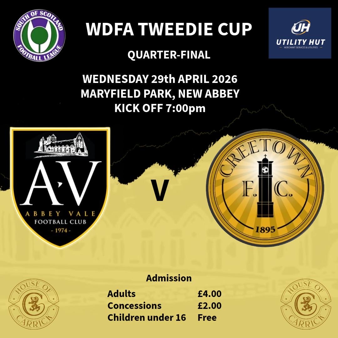 abbeyvalefc's tweet image. 💛🖤 GAME DAY  🖤💛

🆚  @CreetownFC 
📆  Wednesday 29th April 2026
🏆  WDFA Tweedie Cup 1/4 Final
📍  Maryfield Park, New Abbey
⏰  7pm
🎟️  Adults - £4
        Concessions - £2
        Under 16s - Free

#vale

🐝⚽️🐝