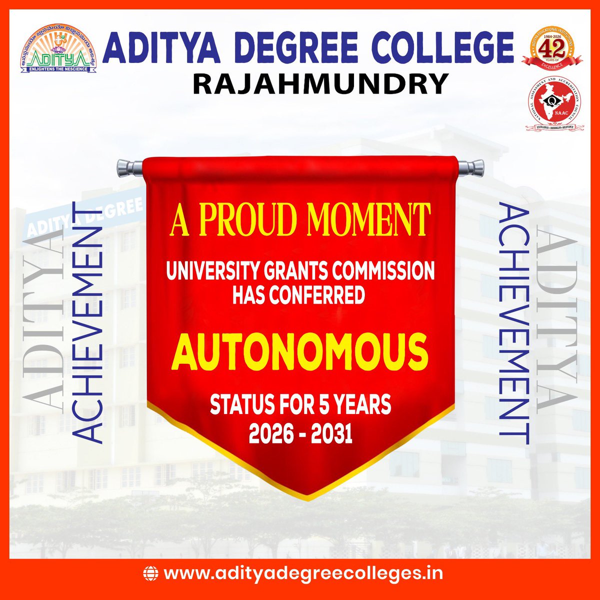 aditya_degree's tweet photo. Aditya Degree College, Rajahmundry has been conferred Autonomous Status by the University Grants Commission (UGC) for the period 2026–2031 — a recognition of its strong academic standards and progressive outlook 📜
#AdityaDegreeColleges
#AutonomousStatus
#UGC
#RajahmundryCampus https://t.co/Tl6Q59Zhu0