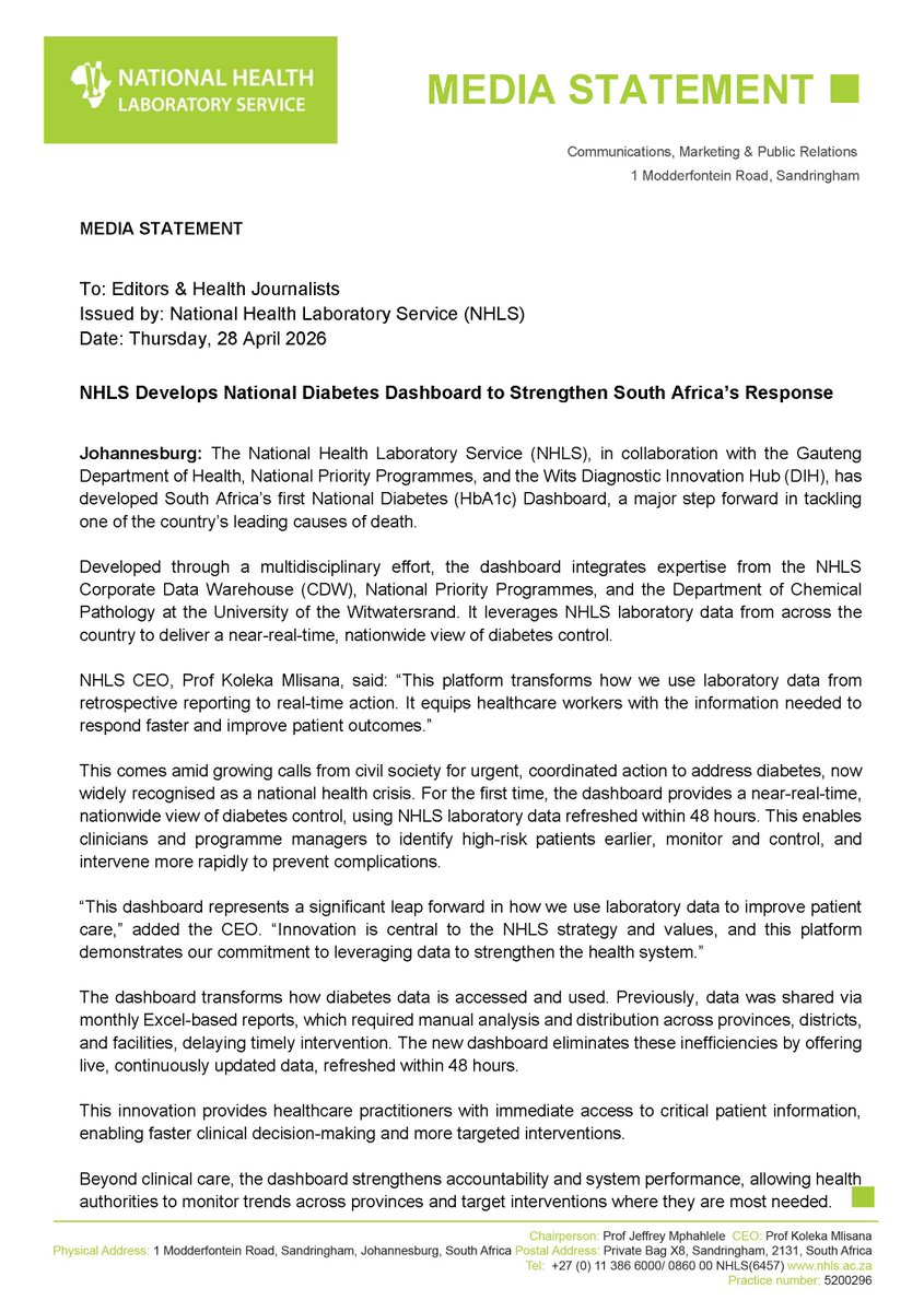 NATIONAL HEALTH LABORATORY SERVICE (NHLS) tweet media