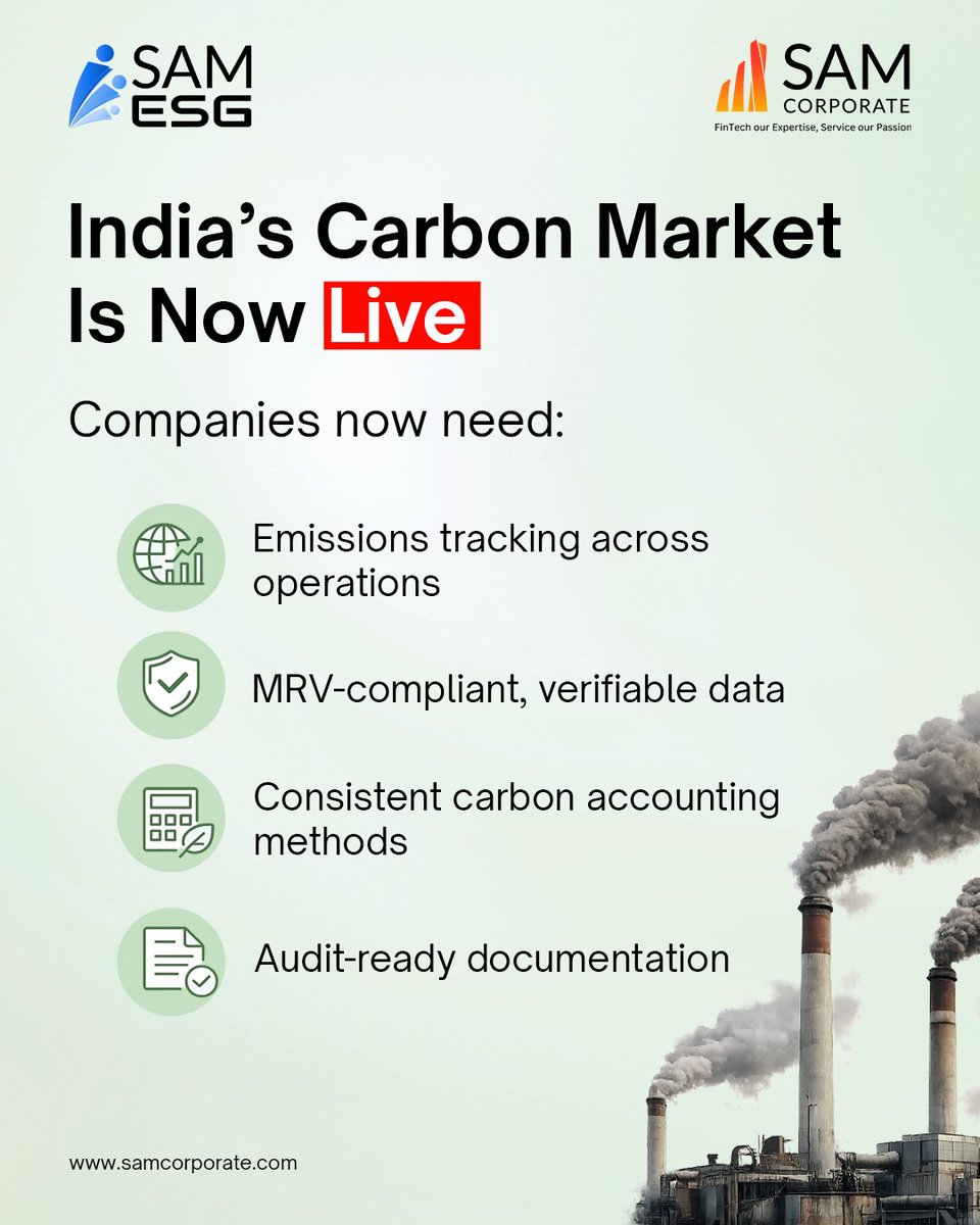 SamCorporate's tweet image. India’s carbon market is operational. 
Emissions now move into a measurable, verifiable, and tradable system. 
This raises the bar for how organisations capture and report carbon data.

#ESG #Sustainability #SAMCorporate #SAMESG #SAMESGLite