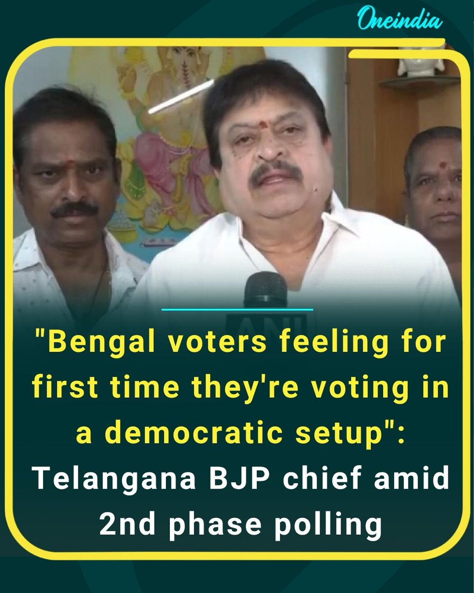 Oneindia's tweet image. Telangana BJP chief claims Bengal voters are experiencing “real democracy” for the first time as phase 2 polling gains momentum.

#WestBengalElections2026 #Election2026 #PoliticsToday #OI