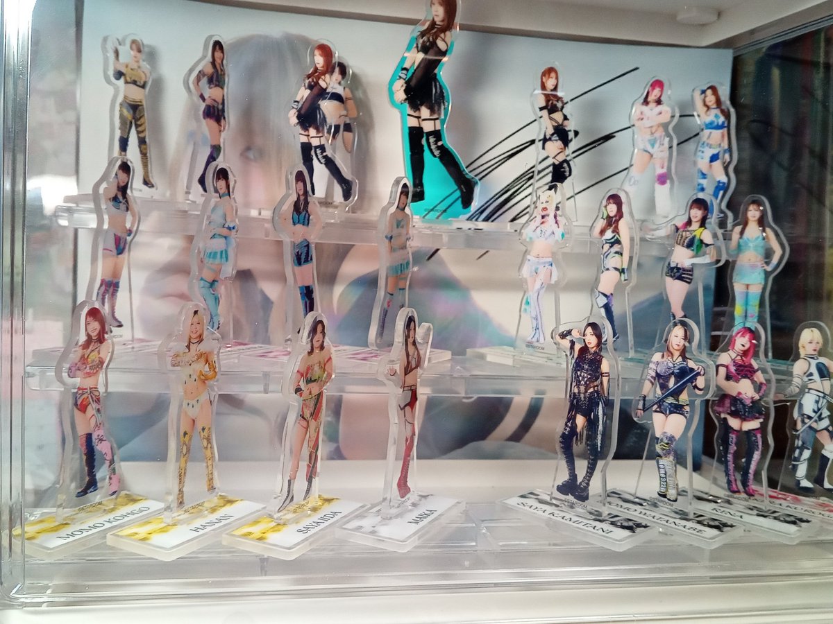 SaitamaKMOT's tweet image. 福山で試合があるのに虚無感がスゴイので、渋沢３人を犠牲にしたアクスタくじでレイアウトを考え抜いて作り時間が溶けました。
最上段はGod'sEye、と決めてたのにくじ運なさすぎてともか選手が当たらず、レディ先生がストーカーみたいになりました。ｱﾗｼﾀ
#STARDOM
#鹿島沙希
#GE