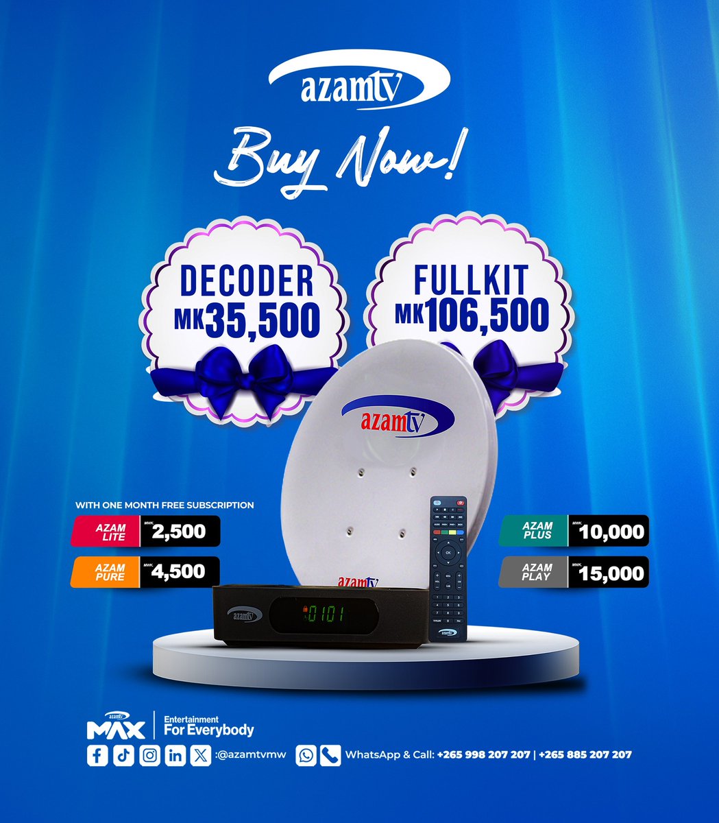 Azamtv_MW's tweet image. 📺🔥Upgrade your home with Azam TV 
Decoder only – K35,500(includes 1 month FREE subscription 🎁)
Full set – K106,500 (includes 1 month FREE subscription 🎁)
🎬 Big entertainment. 
👨‍👩‍👧Family vibes. 
🎶 Nonstop fun. 
All in one place!
#AzamTVMalawi #HomeEntertainment #familyfun