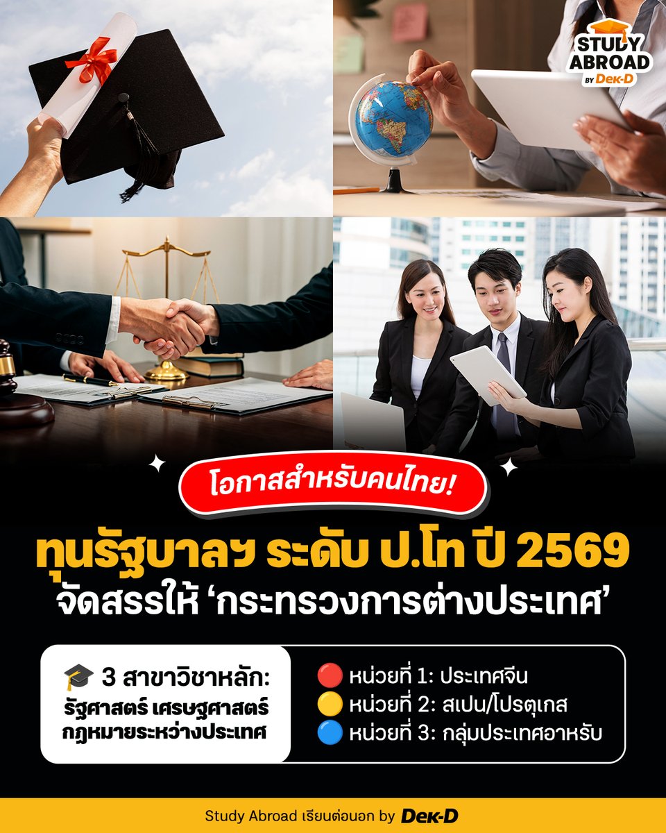 tornokandcourse's tweet photo. 🎓🌐 ข่าวดีสำหรับคนที่อยากคว้าโอกาสเรียนต่อต่างประเทศ สำนักงาน ก.พ. เปิดรับสมัคร ‘ทุนรัฐบาลฯ ที่จัดสรรให้กระทรวงการต่างประเทศ ประจำปี 2569’   ✨

📚 สาขาที่กำหนด : รัฐศาสตร์, เศรษฐศาสตร์, กฎหมายระหว่างประเทศ
✉️ สำหรับบุคคลทั่วไปในต่างประเทศ หรือ มีสถาบันการศึกษาในต่างประเทศตอบรับแล้ว

🔴 ทุนหน่วยที่ 1: เรียนที่จีน จำนวน 1 ทุน 
∟ เรียนเป็นภาษาจีน
∟ หมดเขต 30 มิ.ย. 69

🔵ทุนหน่วยที่ 2: เรียนที่สเปน หรือ โปรตุเกส จำนวน 1 ทุน 
∟ เรียนเป็นภาษาสเปน หรือ โปรตุเกส
∟ หมดเขต 30 มิ.ย. 69

🟣 ทุนหน่วยที่ 3: เรียนที่จอร์แดน / กาตาร์ / UAE / อียิปต์ / ซาอุดีอาระเบีย
∟ เรียนเป็นภาษาอาหรับ
∟ หมดเขต 31 ก.ค. 69 

🔎 ศึกษารายละเอียดเพิ่มเติมที่นี่ https://t.co/tytpUwGEAB