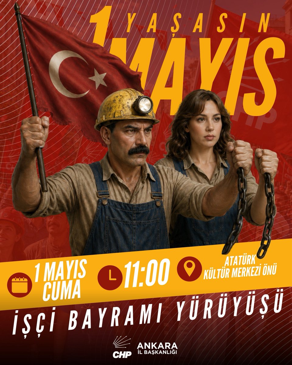 CHPankarailbsk's tweet photo. 1 Mayıs’ta emeğin, alın terinin ve dayanışmanın sesi olmak için alanlardayız!

Hakları için mücadele eden tüm emekçilerle omuz omuza, adalet ve eşitlik için yürüyoruz.

📍 Atatürk Kültür Merkezi Önü  
🗓️ 1 Mayıs Cuma  
🕚 11.00

Tüm örgütümüzü ve yurttaşlarımızı İşçi Bayramı Yürüyüşü’ne davet ediyoruz.

Yaşasın 1 Mayıs!
Kurtuluş yok tek başına, ya hep beraber ya hiçbirimiz!