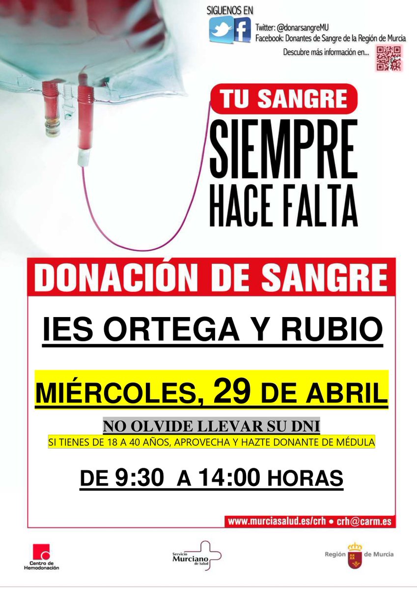 DonarSangreMU's tweet image. #BuenosDías #FelizMiércoles planifíquese, cita con la VIDA!
🩸En la Región de Murcia se necesitan 250 donaciones diarias para garantizar la actividad médica y quirúrgica de los hospitales.

🗓️HOY miércoles 29 de abril
📍 @IESOrtegayRubio #Mula
ℹ️Requisitos murciasalud.es/web/centro-reg…