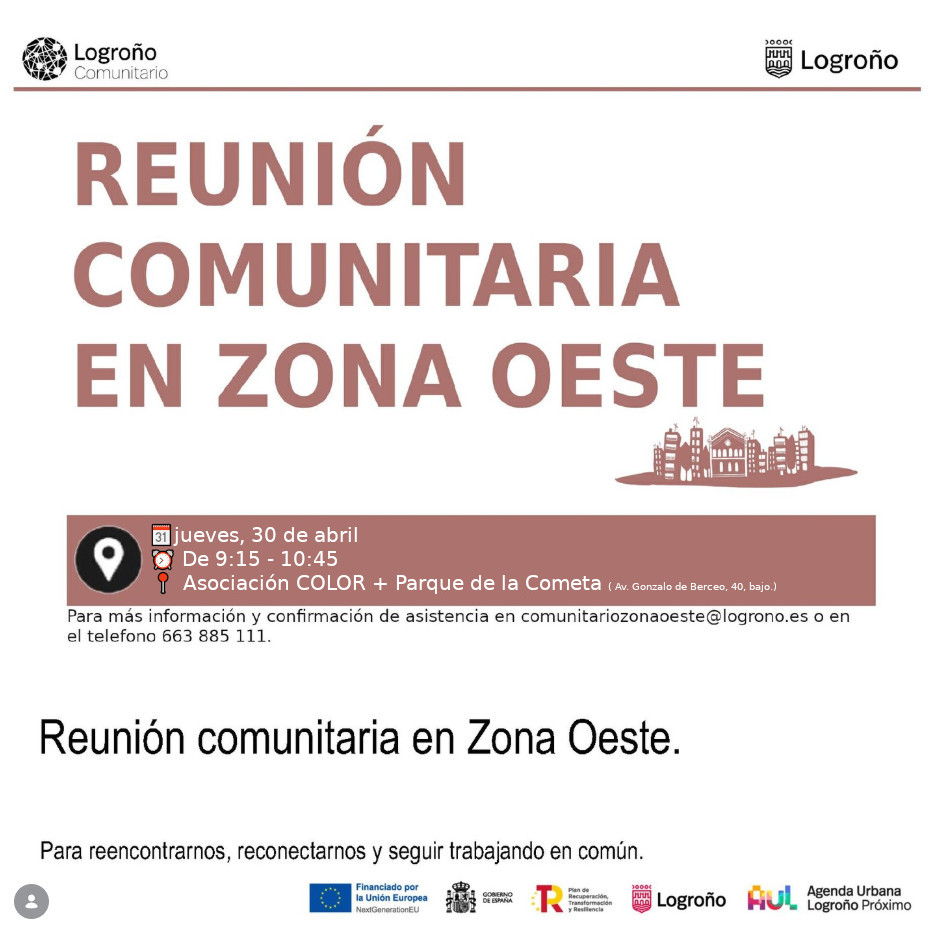 logronoproximo's tweet image. Os recordamos la invitación para la próxima reunión del Grupo Comunitario Zona Oeste.

🗓 30 de abril
⏰9:15 - 10:45
 📍 Asociación COLOR + Parque de la Cometa

  ¡Será la última antes de la MUACC!

Más info: comunitariozonaoeste@logrono.es
#ods #comunitario #participacion