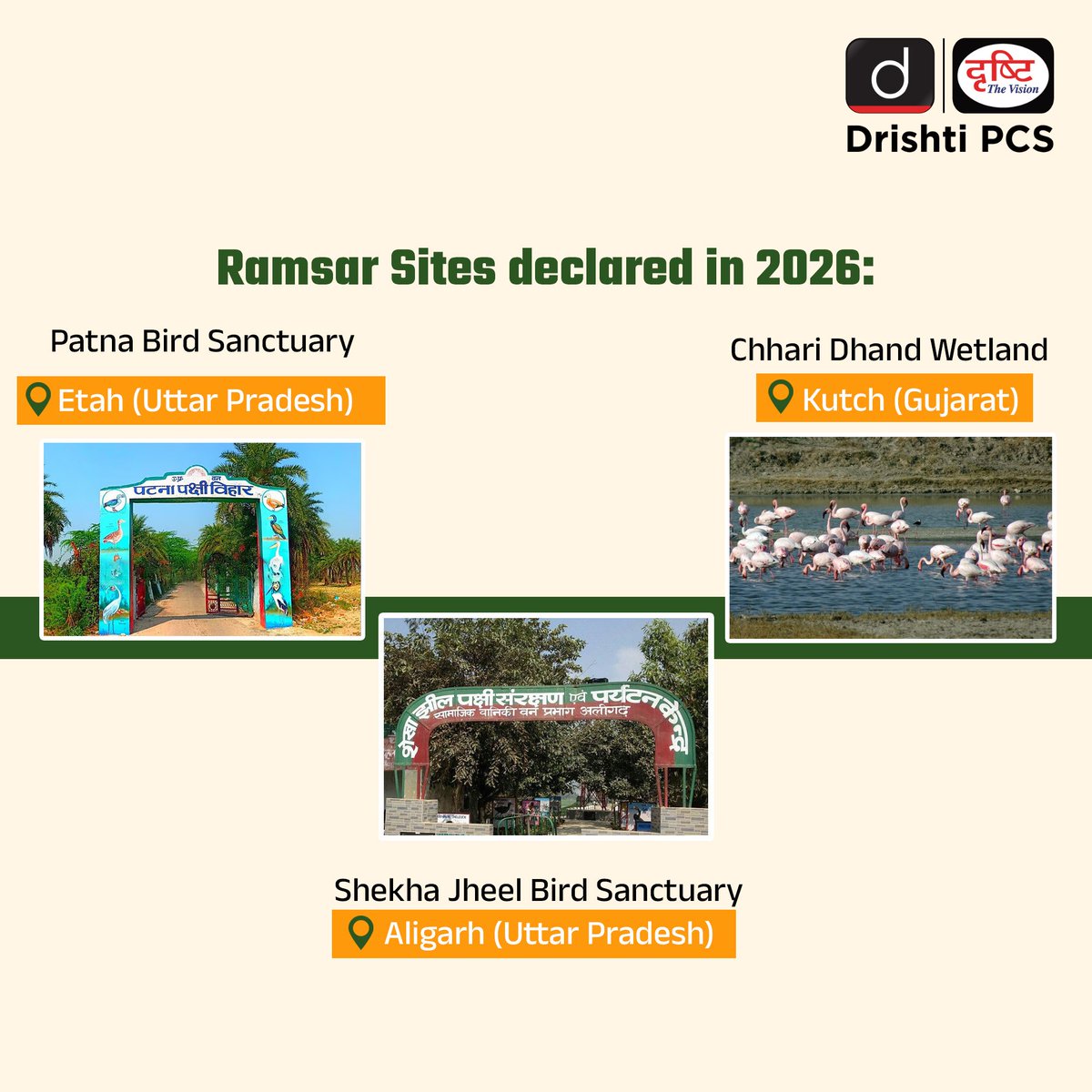 DrishtiPCS's tweet photo. Shekha Jheel in Uttar Pradesh has been declared a wetland of international importance, where 166+ species of water birds and rich biodiversity make it unique.
#RamsarSite #ShekhaJheel #Wetlands #Biodiversity #Environment #PCS #Ecology #IndiaEnvironment #RamsarConvention #DrishtiPCS