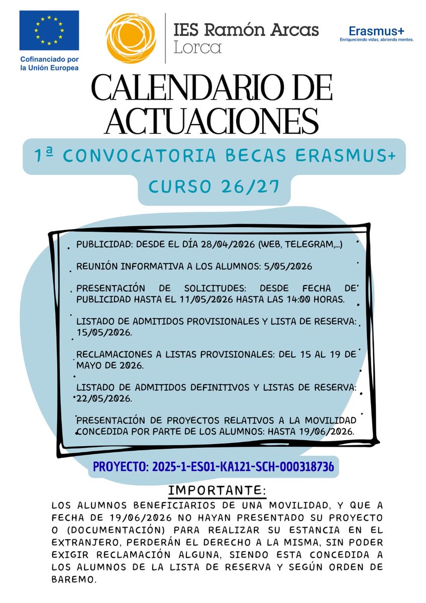 Curso 26-27. Convocatoria de Becas Erasmus+. Alumnos de 3 y 4 ESO