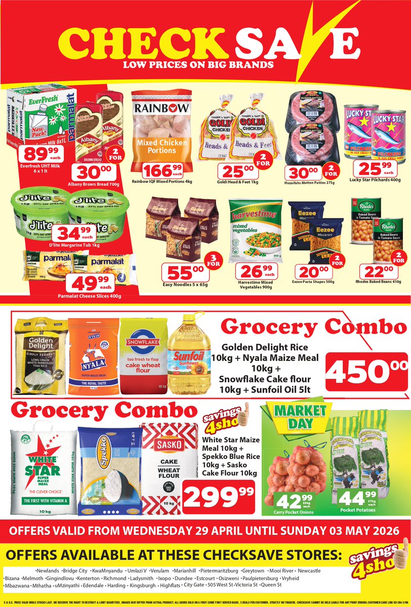 IsolezweNews's tweet image. Isikhangiso  |  Ungaphuthelwa amadili amangalisayo kusukela kumhlaka 29 April kuya ku  3 May 2026, eChecksave.
checksave.co.za

#Checksave #Supermarket #Savings4Sho #Specials