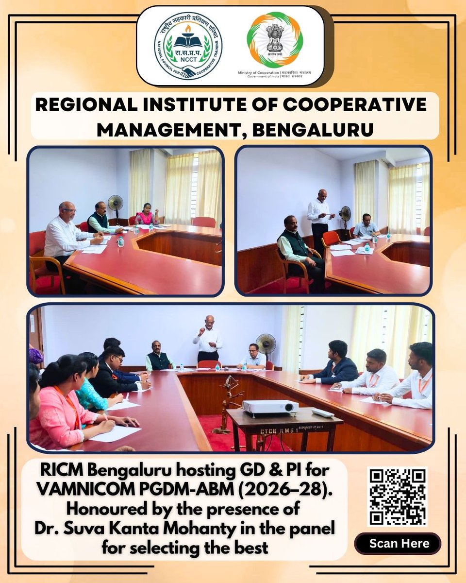 BangaloreR46958's tweet image. RICM Bengaluru hosted GD &amp;amp; PI for VAMNICOM PGDM-ABM (2026–28), guided by an esteemed panel including Dr. Suva Kanta Mohanty. #ricmbengaluru #IYC2025 #NCCT #minofcooperation #AmitShah #SahakarSeSamriddhi #ICM  #VAMNICOM #PGDMABM #GDPI #LeadershipDevelopment