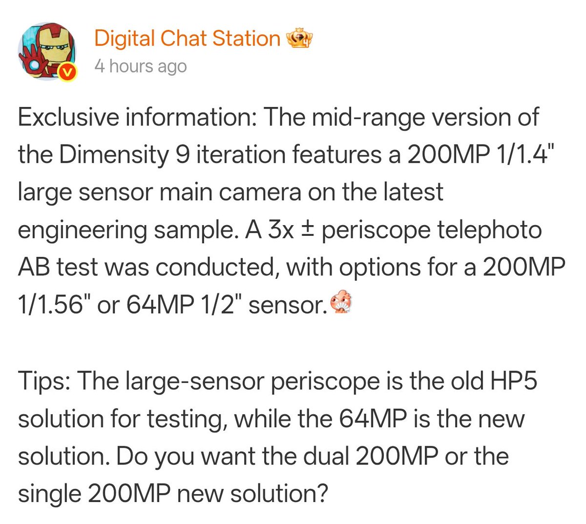ayansonunigam's tweet image. OPPO Find X10 🚨

✅ 6.57" 1.5K 144Hz Display 
✅ Less than 1mm Bezels 
✅ R-angle Corners 
✅ Dimensity 9600 
✅ 200MP HPE (1/1.4") Main 📸 
✅ ~8000mAh 🔋+ 80W⚡

🎁 Two Periscope solutions
 200MP HP5 (1/1.56") (3x±)  🆚  64MP (1/2") (3x±) 

#OPPO #OPPOFindX10 #ColorOS17