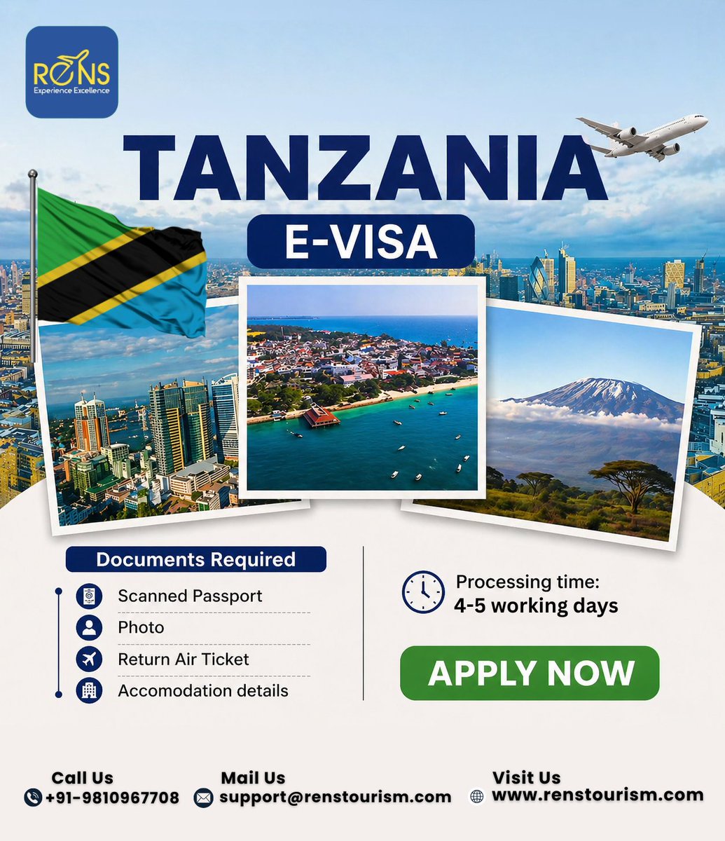 RENS_Tourism's tweet photo. 🌍✈️ Tanzania E-Visa – Apply Now 🇹🇿

Dreaming of beaches, safaris &amp; stunning views? Your journey starts here!

📄 Passport | Photo | Air Ticket | Stay Details
⏳ 4–5 working days
💼 Fast • Easy • Reliable
📞 +91-9810967708
#TanzaniaVisa #EVisa #TravelTanzania #RENSTourism https://t.co/Z9wCofIxKX