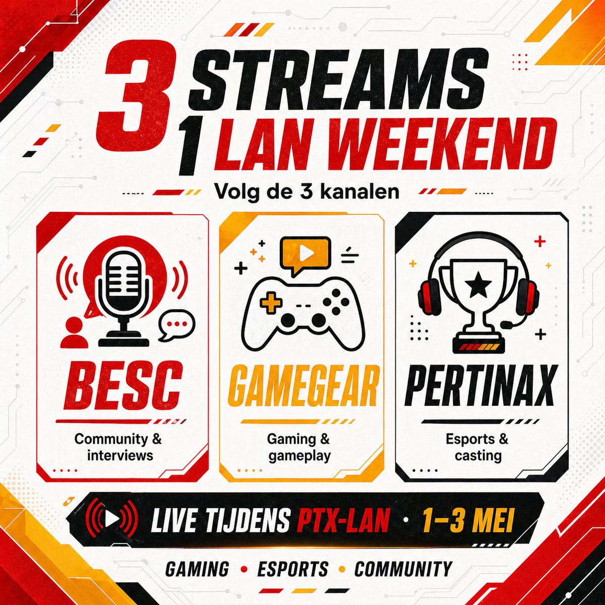 BE_Streamers's tweet photo. 3 kanalen. 1 weekend. Volop content.
#PTXLAN #BESC #Gamegear #Pertinax #BelgianGaming #BelgianEsports #TwitchBE #GamingContent #EsportsCasting #GamingCommunity #StreamersBE https://t.co/1R6Do2UIai