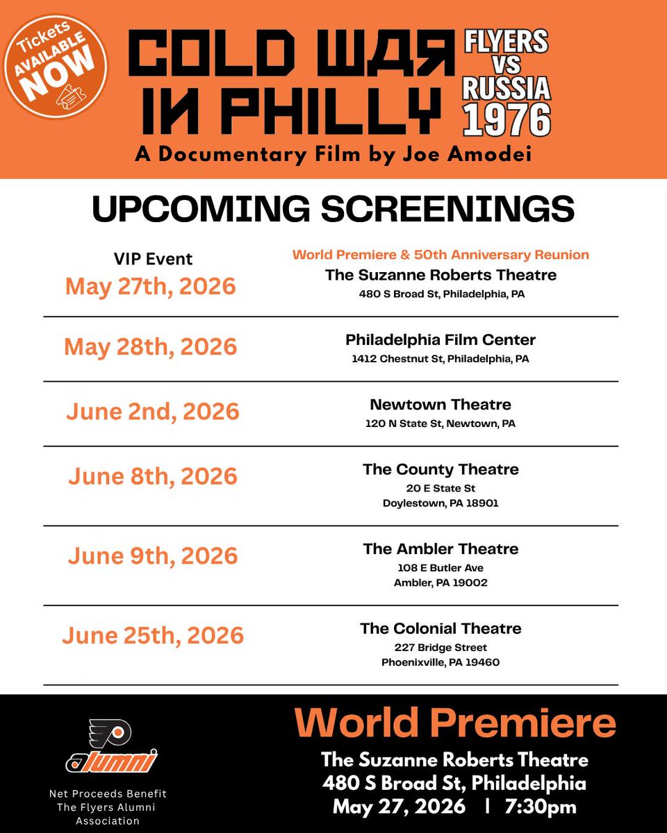 billmeltzer's tweet photo. Showing schedule for the Cold War in Philly documentary.  @hockeyh https://t.co/svz9gAWm3p