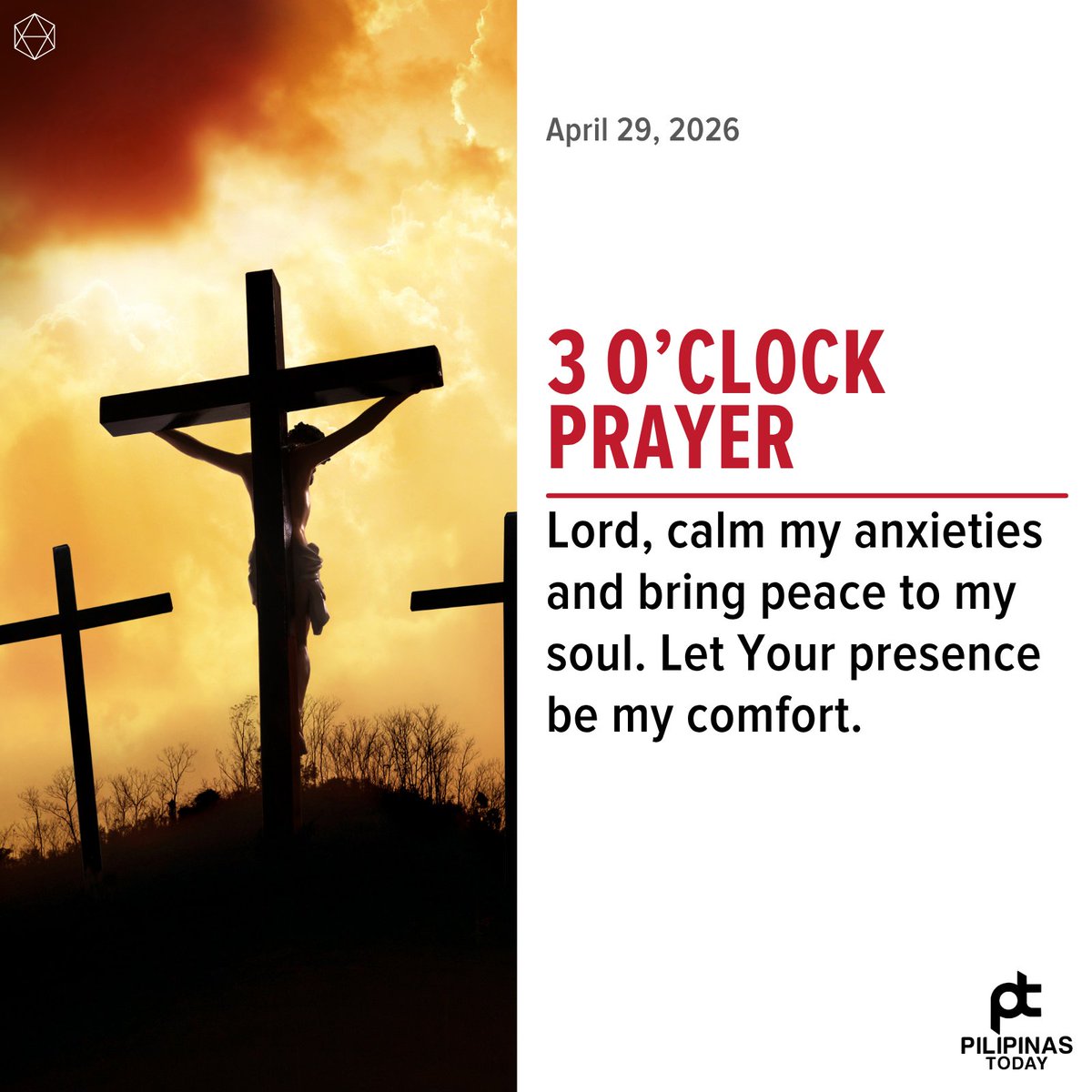 PilipinasToday_'s tweet image. Lord, calm my anxieties and bring peace to my soul. Let Your presence be my comfort.

#PilipinasToday
#AfternoonPrayer
#3PMPrayer