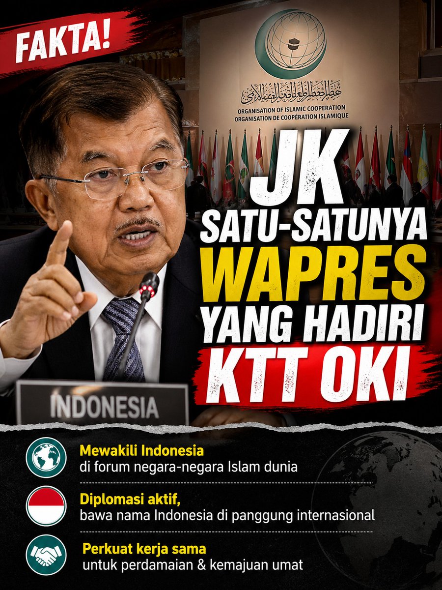 Everyonewuo's tweet photo. JK tercatat sebagai satu-satunya wapres RI yang hadir langsung di KTT OKI, menunjukkan komitmen kuat Indonesia dalam diplomasi internasional
#JuruDamai #JusufKalla https://t.co/HrWs7T8imf