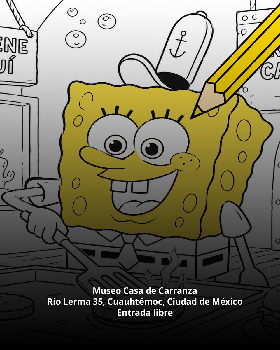 MCCarranzaINAH's tweet image. Noche de Museos
Taller Dibujando con Bob Esponja
Miércoles 29 de abril, 2026
18 h
Museo Casa de Carranza INAH
Río Lerma 35, Cuauhtémoc, CDMX
Entrada libre. Cupo limitado
#INAH #Agenda #Mes #MCCINAH #Museo #Museos #MuseosCDMX #museos #MuseosAbiertos #cdmx #MuseoCasaDeCarranza