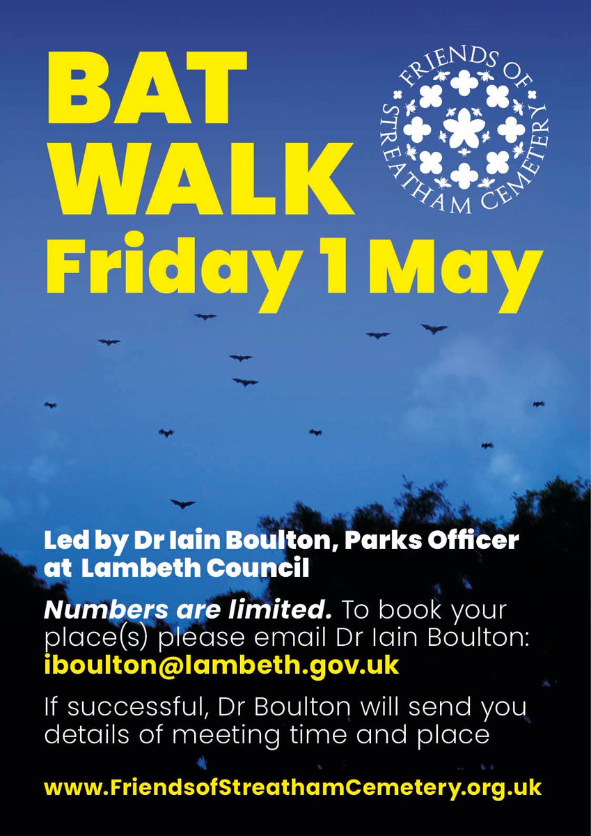 tootingnewsie's tweet image. Bat walk 🦇🦇🦇 in #Tooting this Friday 1st May – limited spaces available!

Join Dr Iain Boulton, Parks Officer at Lambeth Council, on a free walk in Streatham Cemetery – 📧 iboulton@lambeth.gov.uk – if successful, Dr Boulton will send you details of the meeting time &amp;amp; place.