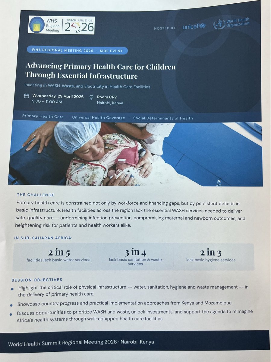 HFogstad's tweet image. 📣Happening now at the Reg #WHS in Nairobi- Advancing #PHC for Children through Essential Infrastructure: 
Did you know in SSA:
2 in 5 facilities lack basic water services
3 in 4 lack basic sanitation &amp;amp; waste services 
2 in 3 lack basic hygiene services

This needs fixing!