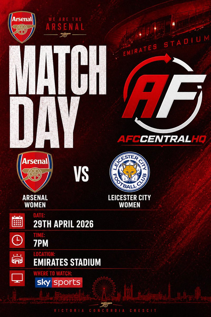 AFCHQCENTRAL's tweet photo. Arsenal Women take on Leicester City Women this evening at the Emirates 7pm kick off https://t.co/YyF6Kbh0A8