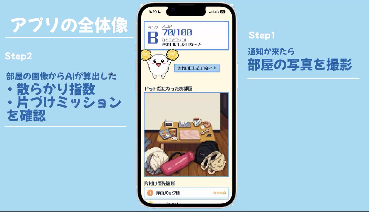 geek_pjt's tweet photo. 🏕#技育CAMP 2026💻
#ハッカソン Vol.2発表中❗

/／
実況中継〜〜💐
＼＼

チーム：【ちゃみっけ！】
作品名：【きれいっち】 https://t.co/RlhXJoXgDo
