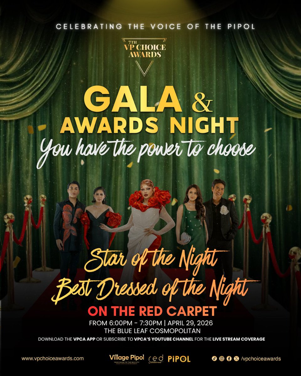 vpchoiceawards's tweet photo. PIPOL! You have the power to choose the #7thVPCAGala Best Dressed and Male and Female Star of the Night.

Watch the livestream broadcast starting 6:00 PM and wait for the voting to open before casting your votes via the VPCA App until 9:00 PM only.

Your votes account for 50% of the total criteria, while the remaining 50% will come from the editorial team.

#7thVPChoiceAwards #VPChoiceAwards