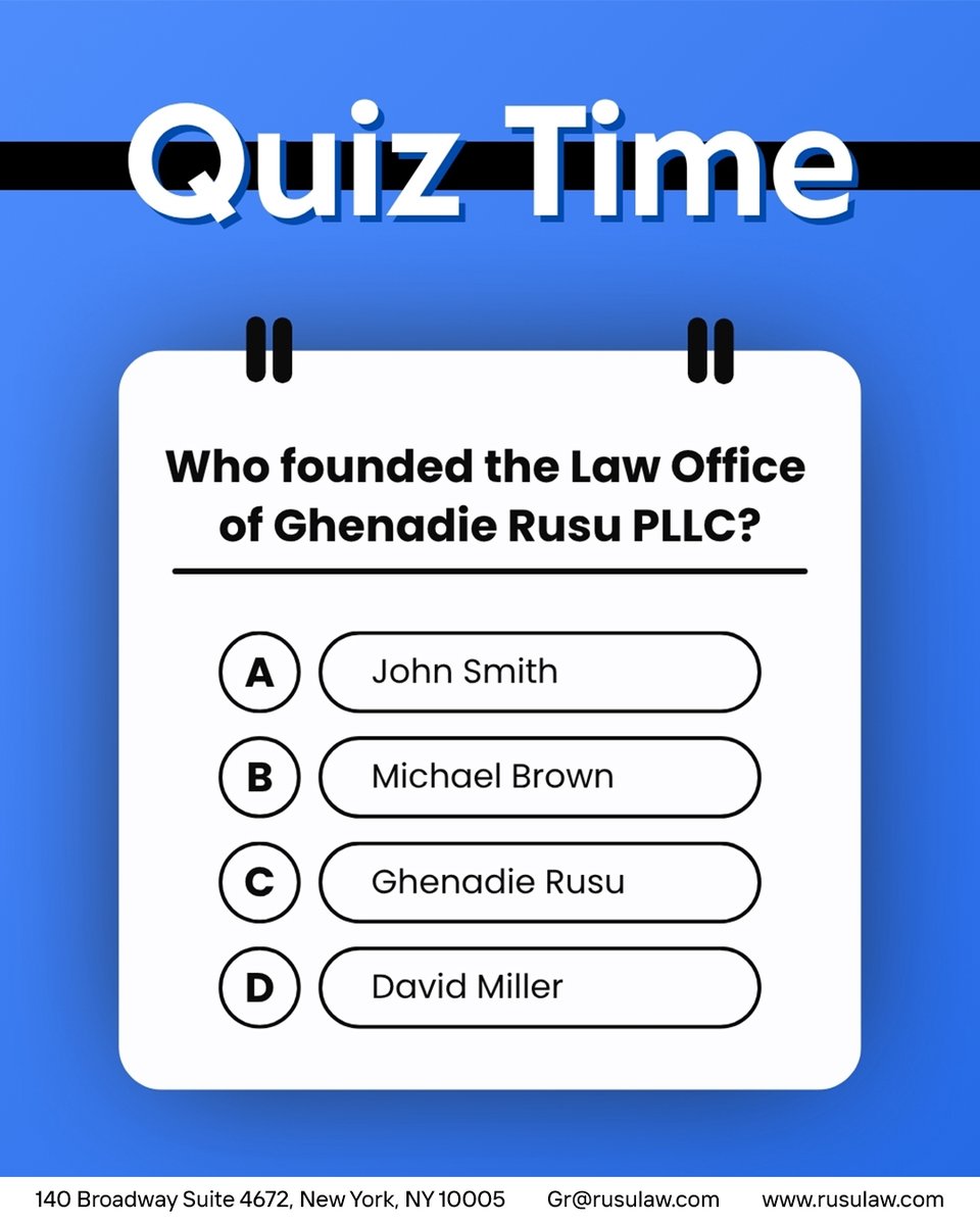 Ghenadi53943617's tweet image. • QUIZ TIME ⚖️

Who founded the Law Office of Ghenadie Rusu PLLC?

The correct answer is C — Ghenadie Rusu

📞 Schedule your consultation: (347) 907-1248

#LawOffice #ImmigrationLaw #FamilyLaw #LegalHelp #AttorneyAtLaw #NewYorkLaw #Consultation
