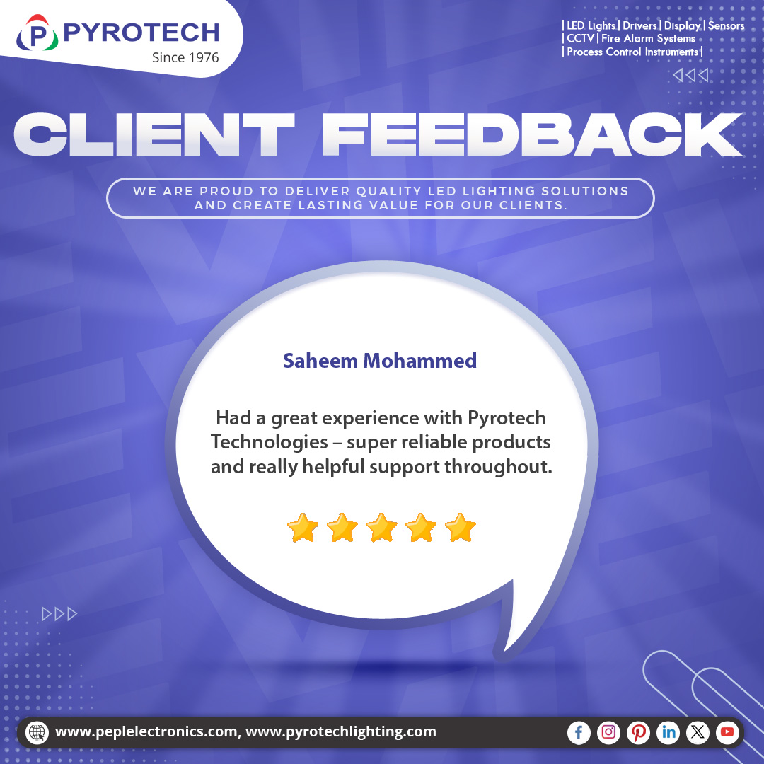 Pyrotechlight's tweet image. Client feedback reflects the reliability and quality of Pyrotech Technologies in delivering industrial lighting and electrical solutions with strong support.

#ClientFeedback #CustomerSatisfaction #IndustrialLighting #LEDLighting #Pyrotech #Quality