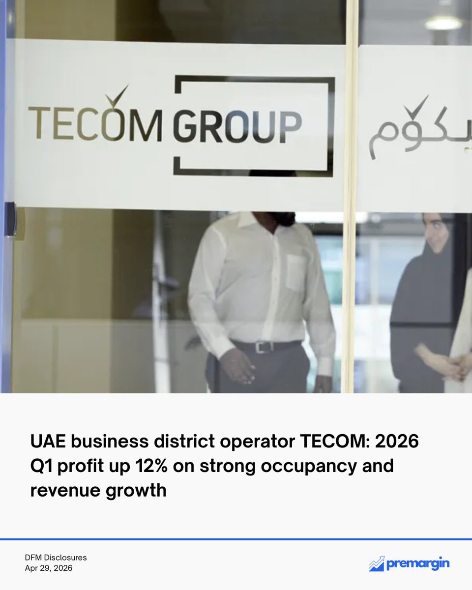 premargin's tweet photo. TECOM Group Q1 2026:

- Revenue: AED 755M ↑11% YoY
- EBITDA: AED 610M ↑13% YoY (81% margin)
- Recurring net profit: AED 403M ↑12% YoY
- Occupancy: 98% ↑3pp YoY

Driven by higher occupancy, improved rental rates, and portfolio expansion.

More on https://t.co/jF70DtsVQw. https://t.co/2fILnKwR2d